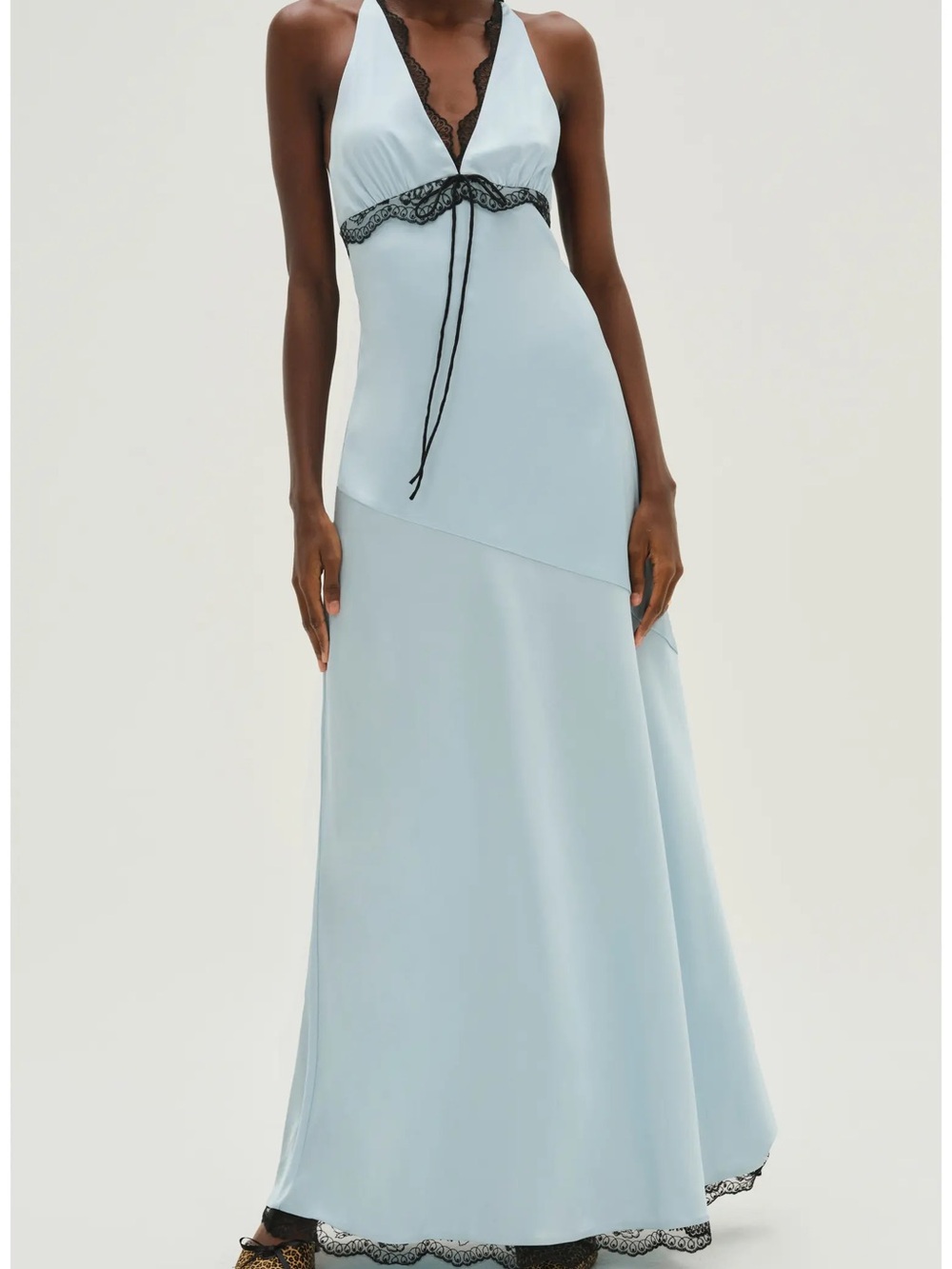 For Love And Lemons Light Blue Halter Maxi Dress with Black Lace Trim